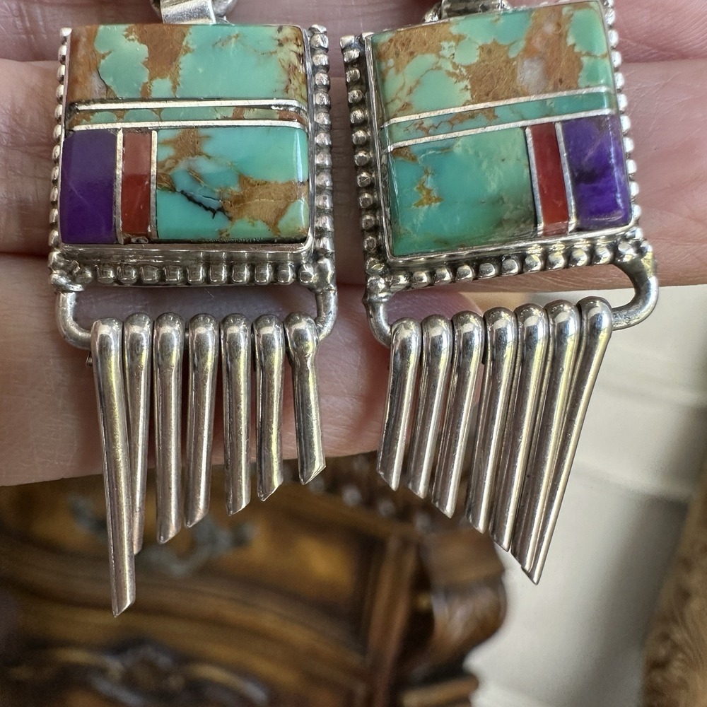 Native American Artisan LP Dangle Earrings 1.9 Inch Turquoise 925 Sterling 14.8g - Picture 5 of 9